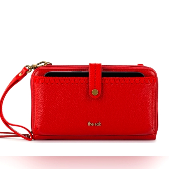 The Sak Red Leather Clutch Large Smartphone Wallet Zip Around Wristlet crossbody - Picture 2 of 15